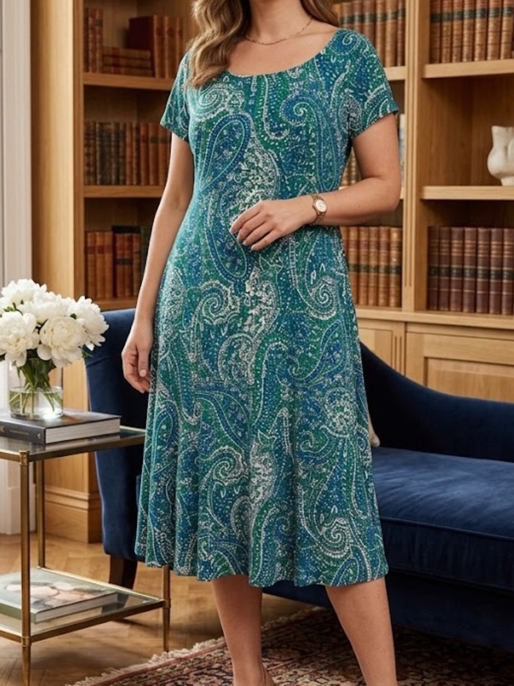 Jones New York Dress Green Teal Blue Paisley Midi fit & flare short sleeves 12